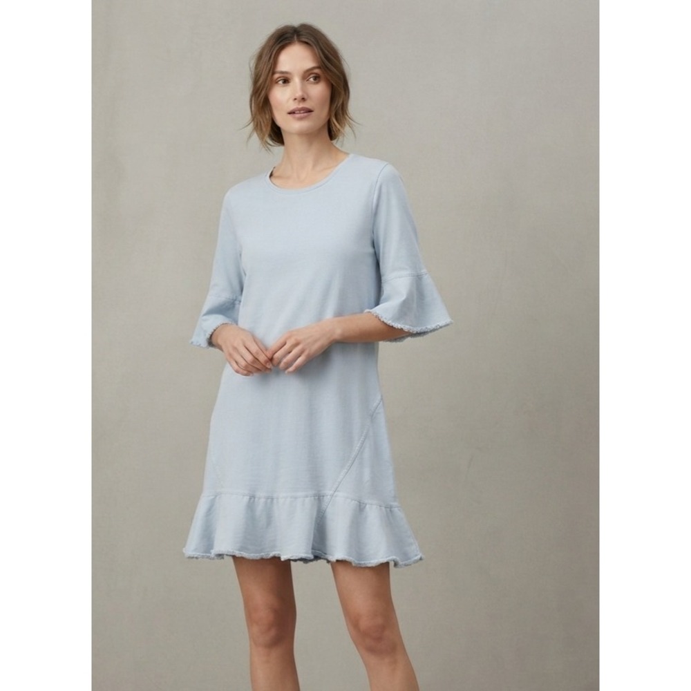 Dorothee Schumacher Ruffle Raw Edge Cotton Shift Dress Light Blue 2